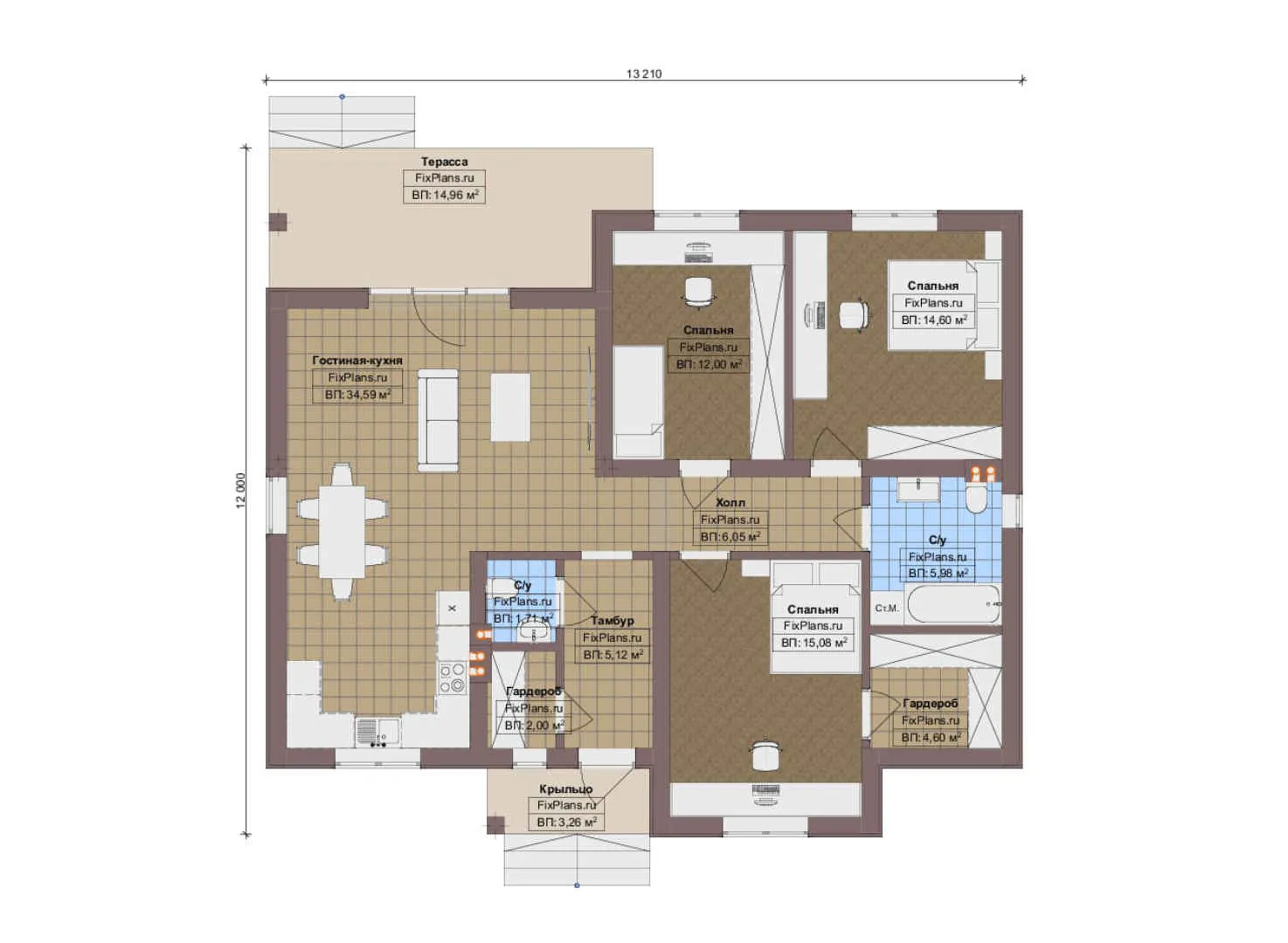 F-12950 - План одноэтажного дома 12 на 14, площадью 120 м² с террасой и 3 спальнями