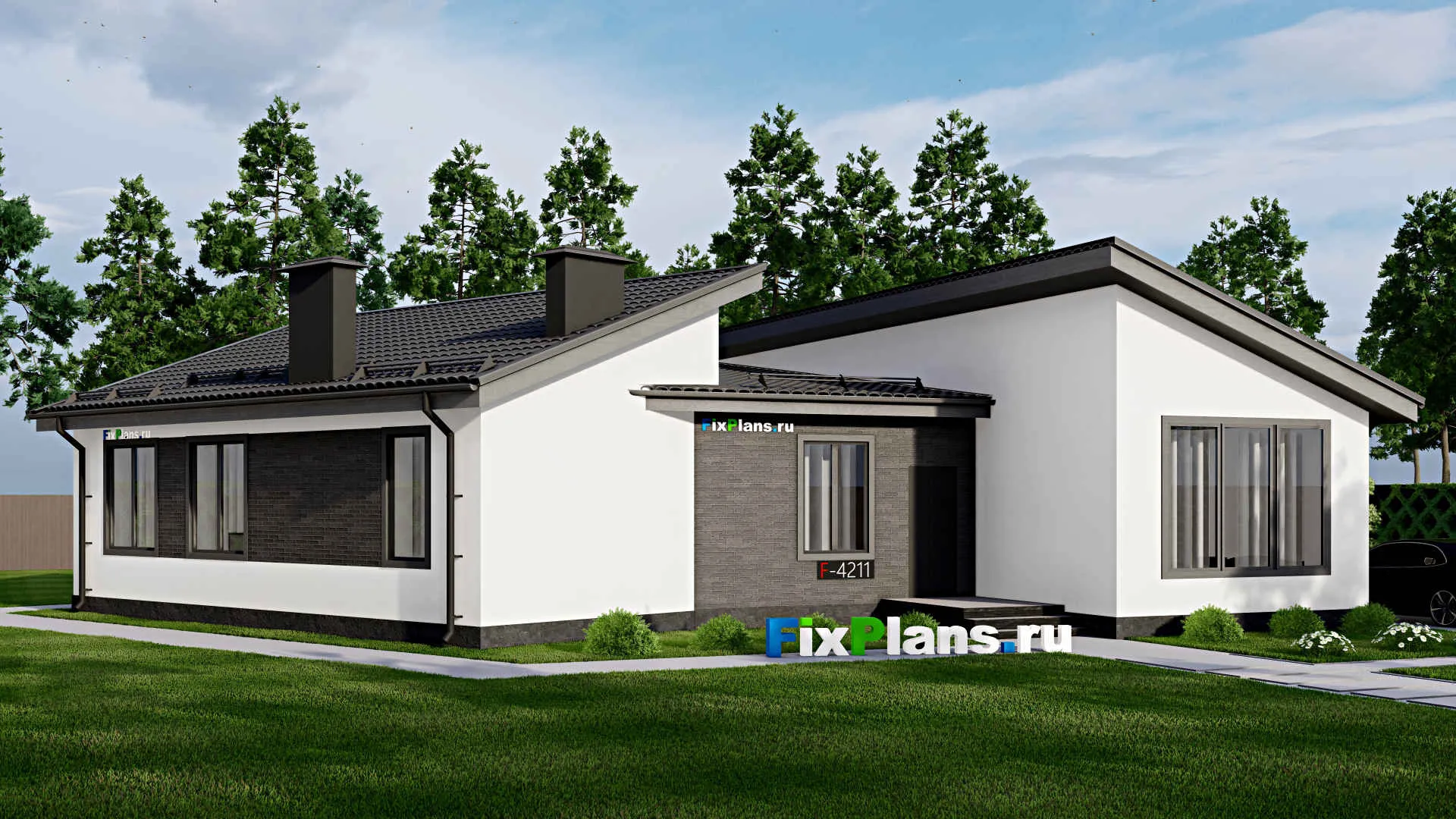 F-4211 - Проект одноэтажного дома 18 на 18, площадью 190 м² с террасой и 3 спальнями