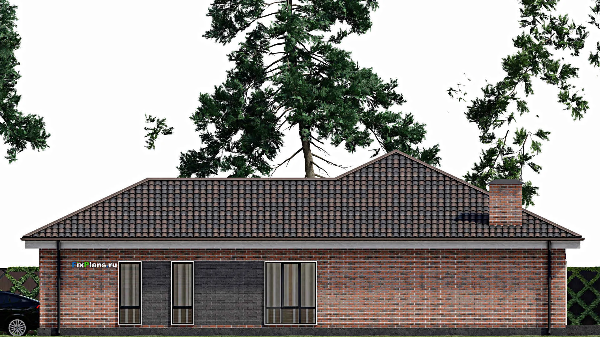 F-5858 - Проект одноэтажного дома 16 на 18, площадью 190 м² с гаражом на 2 машины и 3 спальнями