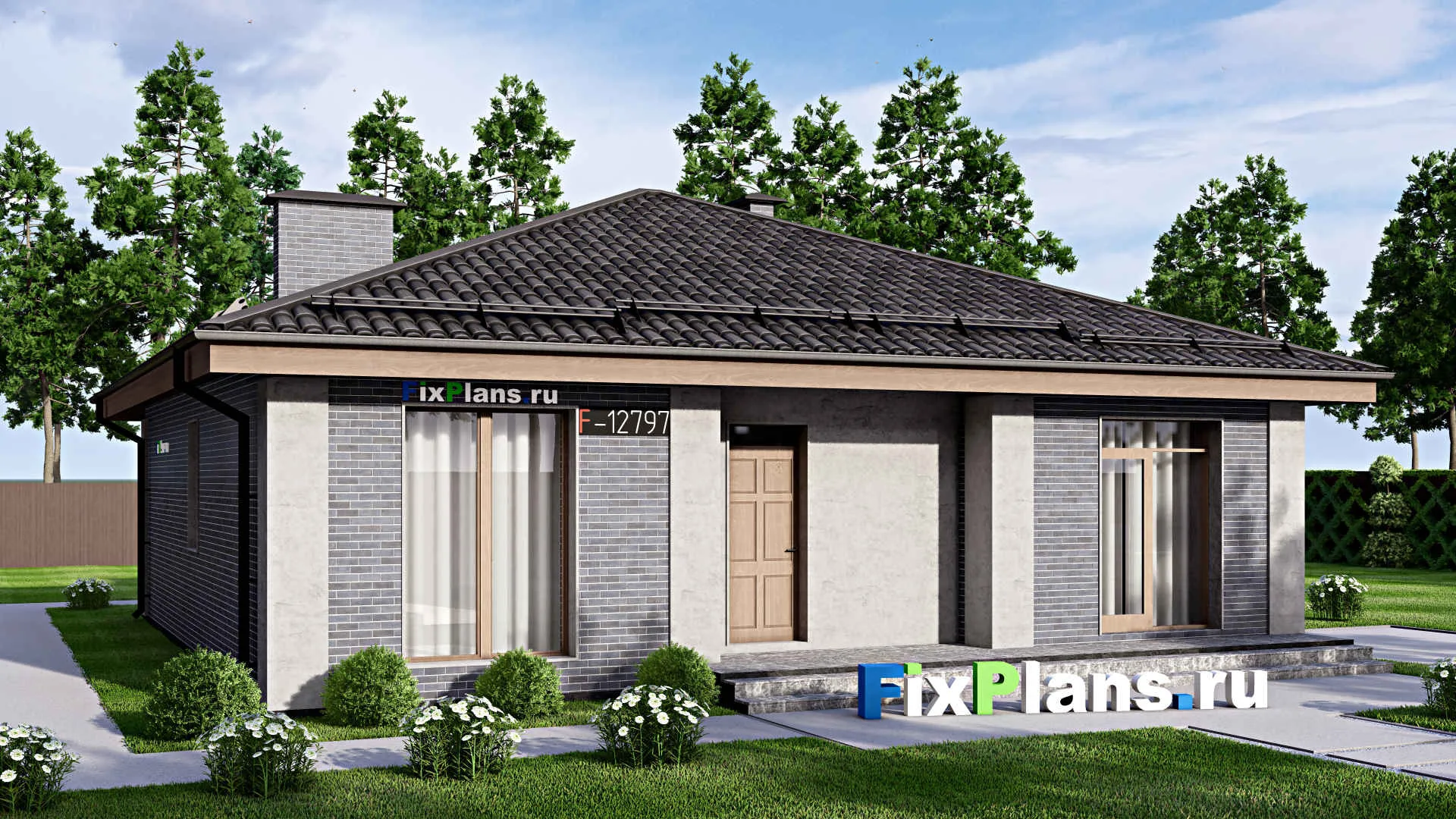 F-12797 - Проект одноэтажного дома 13 на 15, площадью 130 м² с террасой и 3 спальнями