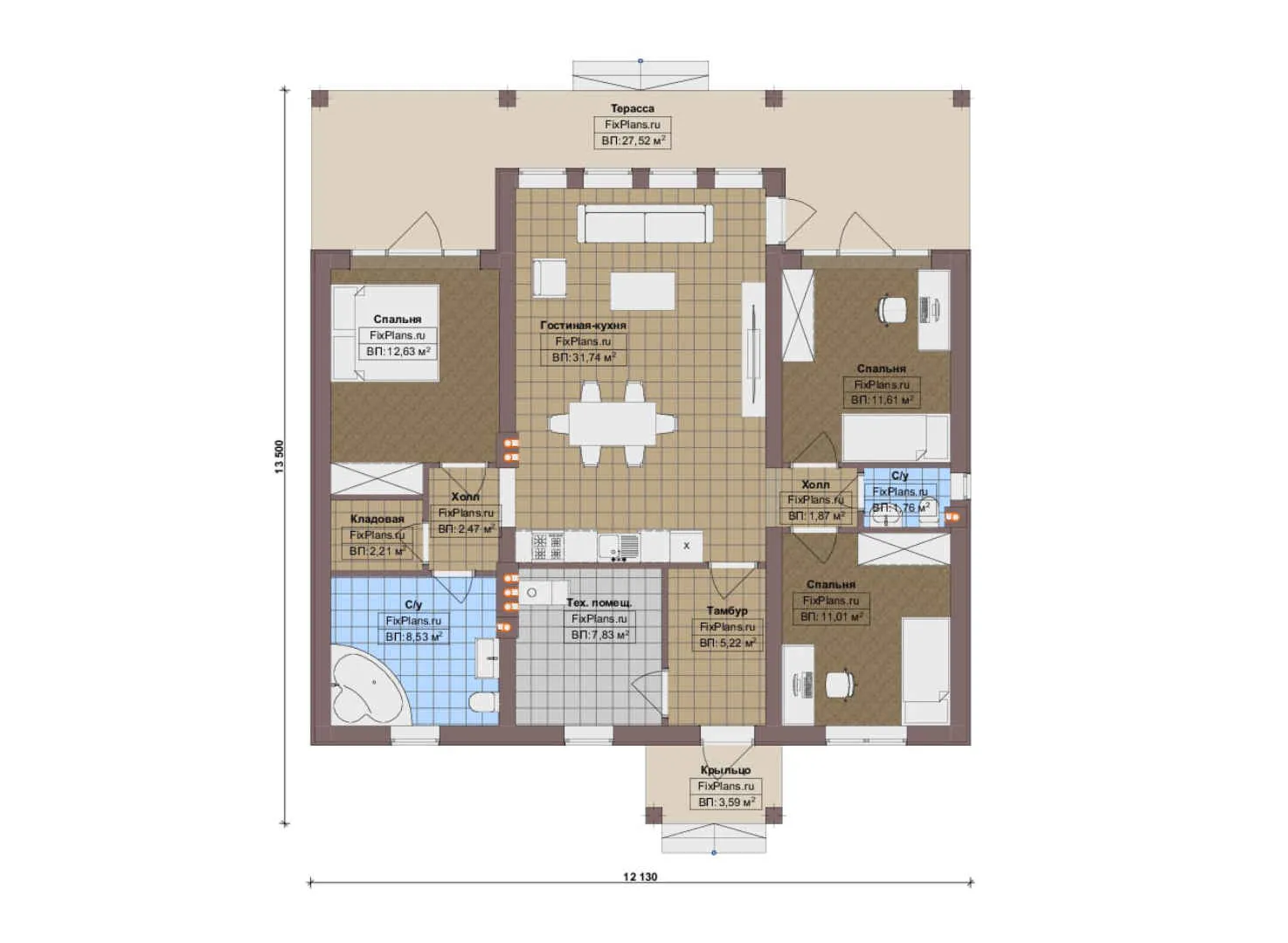 F-17585 - План одноэтажного дома 13 на 14, площадью 130 м² с террасой и 3 спальнями
