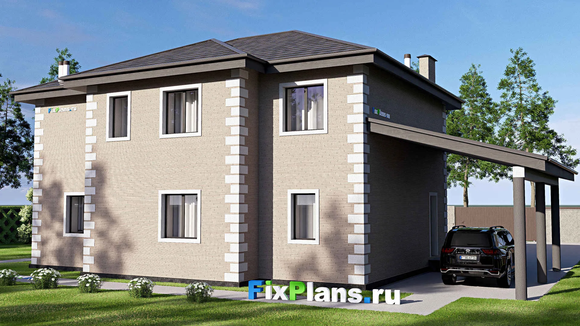 F-20519 - Проект двухэтажного дома 14 на 18, площадью 250 м² с террасой, балконом и 5 спальнями