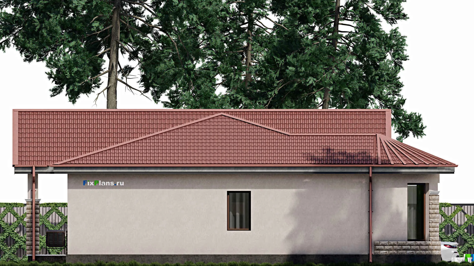 F-0539 - Проект одноэтажного дома 14 на 21, площадью 200 м² с террасой, гаражом на 1 машину и 3 спальнями