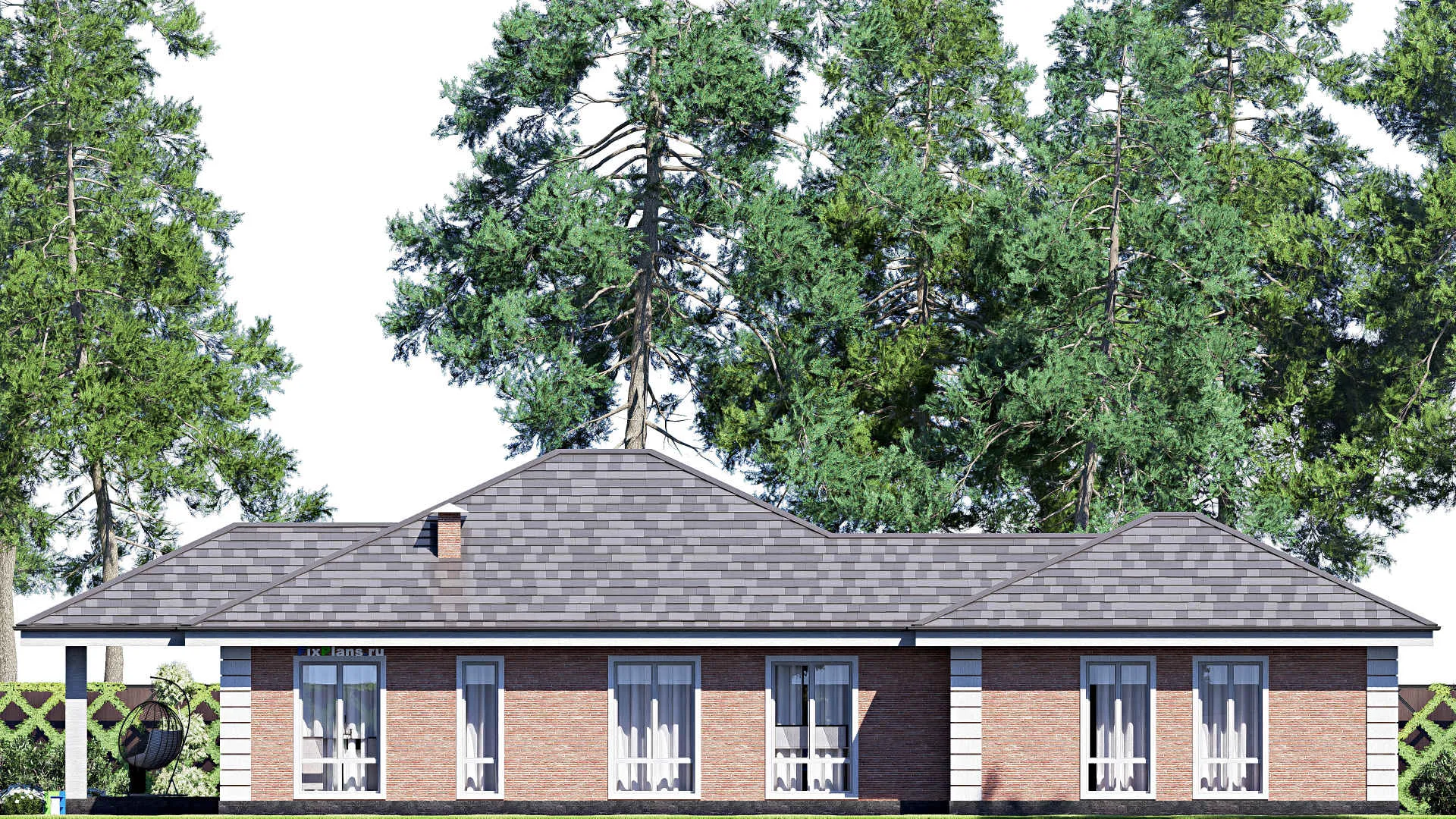 F-18728 - План одноэтажного дома 14 на 24, площадью 200 м² с террасой, гаражом на 2 машины и 3 спальнями