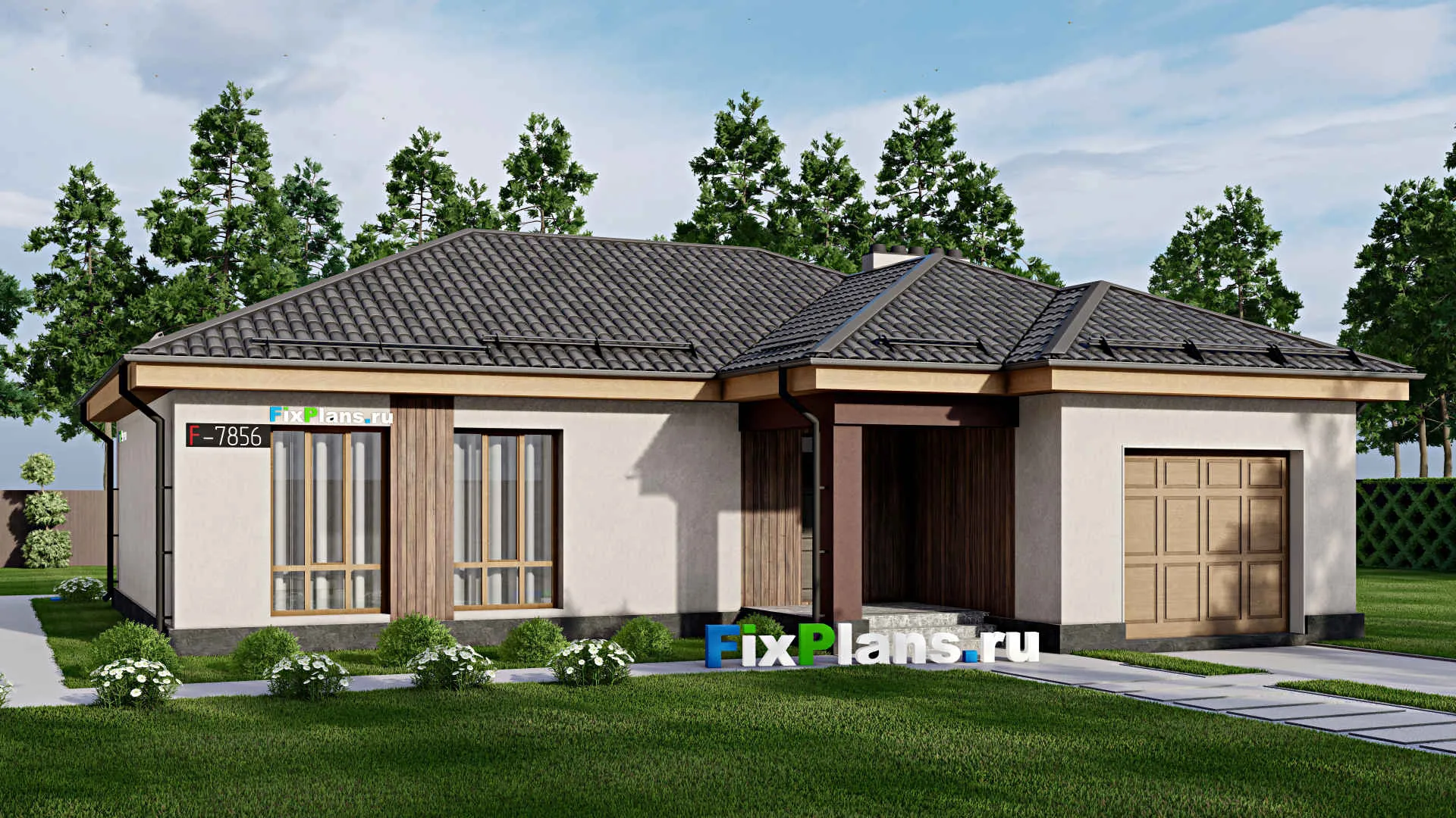 F-7856 - Проект одноэтажного дома 15 на 16, площадью 150 м² с террасой, гаражом на 1 машину и 2 спальнями