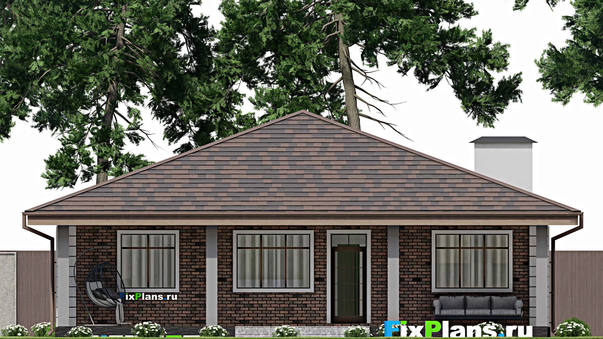 F-12140 - План одноэтажного дома 14 на 14, площадью 150 м² с террасой и 3 спальнями