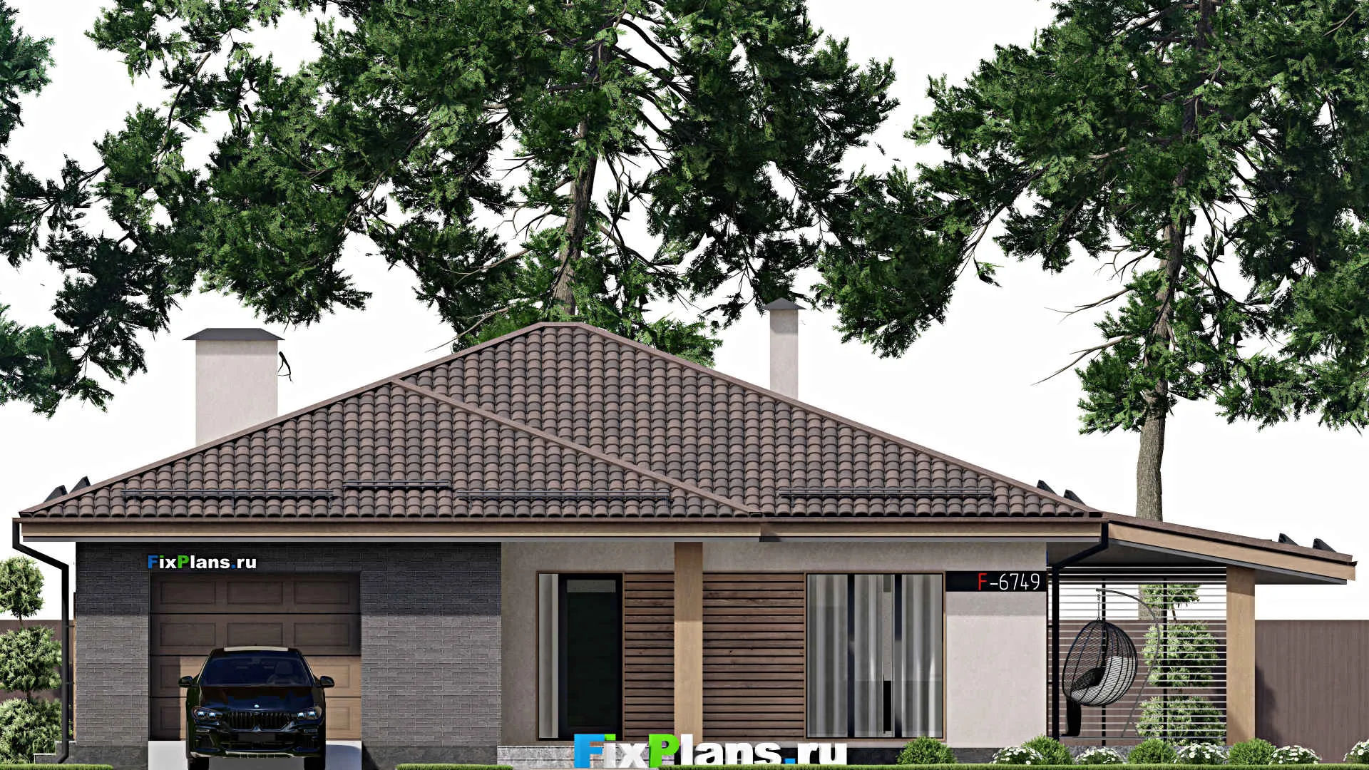 F-6749 - Проект одноэтажного дома 17 на 20, площадью 220 м² с террасой, гаражом на 2 машины и 3 спальнями