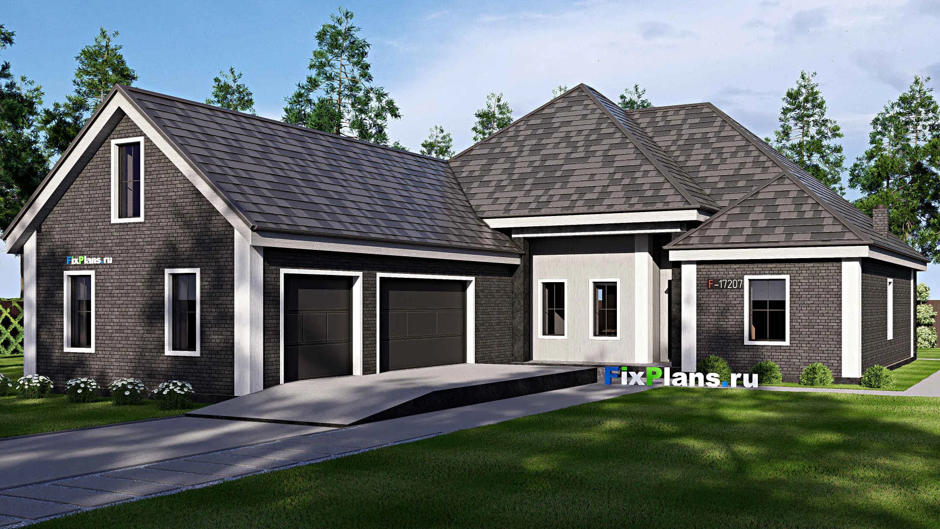 F-17207 - Проект одноэтажного дома 21 на 28, площадью 300 м² с террасой, гаражом на 2 машины и 3 спальнями