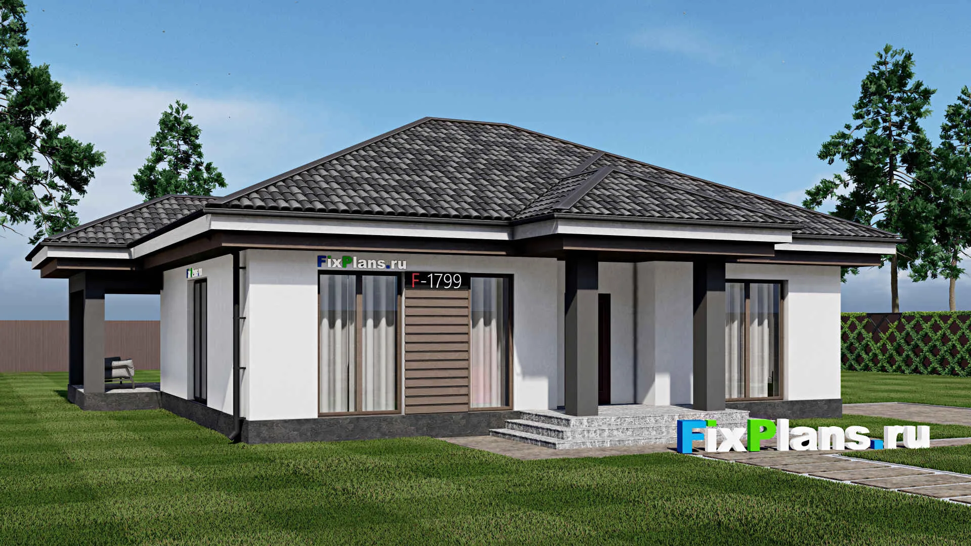F-1799 - Проект одноэтажного дома 11 на 13, площадью 130 м² с террасой и 3 спальнями