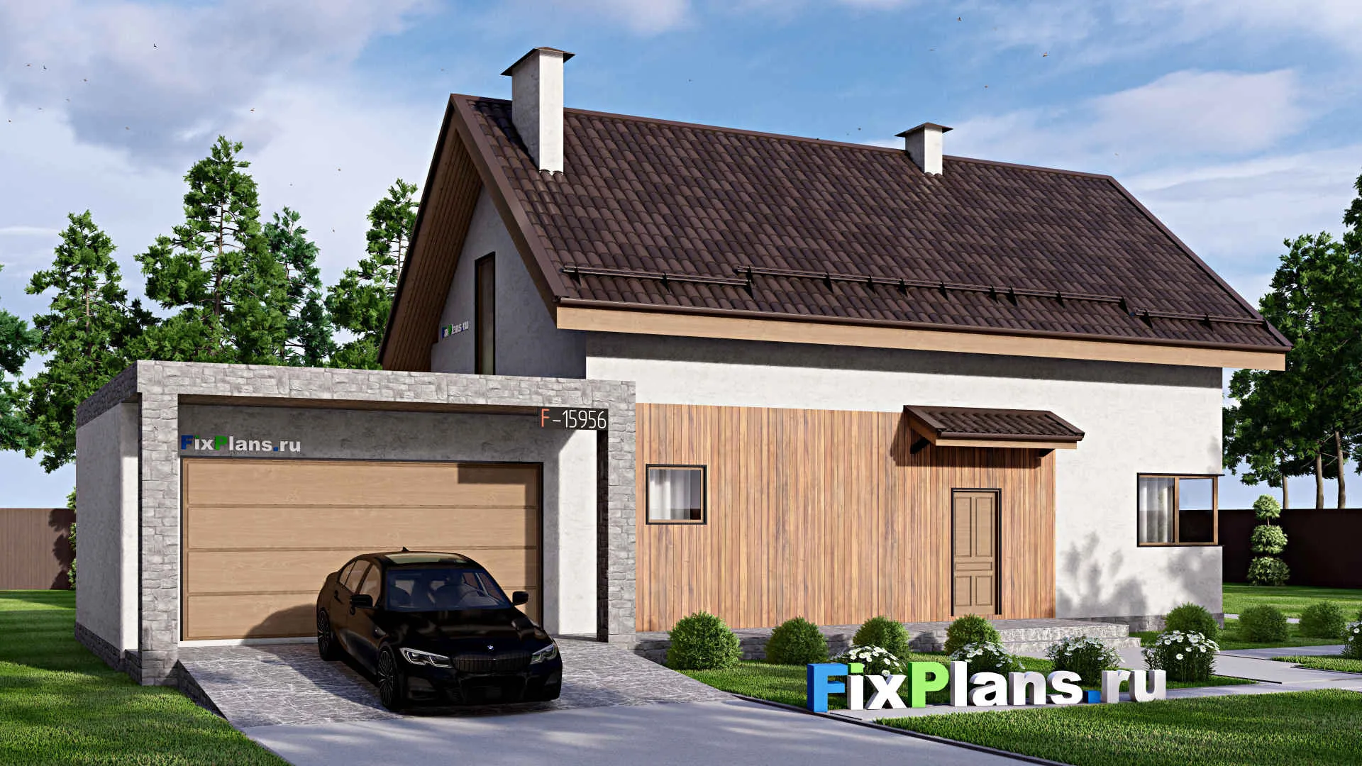 F-15956 - Проект дома с мансардой 13 на 20, площадью 240 м² с террасой, гаражом на 2 машины и 4 спальнями