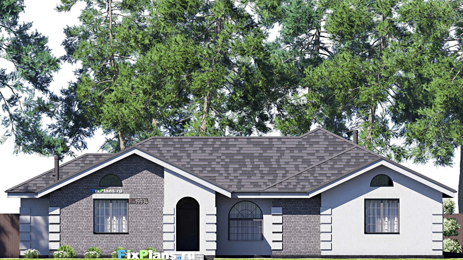 F-19934 - Проект одноэтажного дома 22 на 24, площадью 300 м² с террасой, гаражом на 2 машины и 3 спальнями