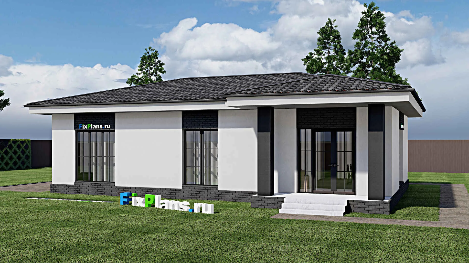 F-1052 - Проект одноэтажного дома 9 на 15, площадью 110 м² с террасой и 3 спальнями