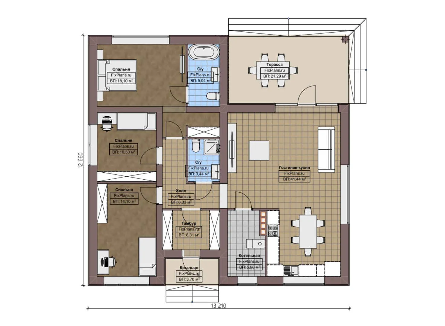 F-4148 - План одноэтажного дома 13 на 14, площадью 140 м² с террасой и 3 спальнями