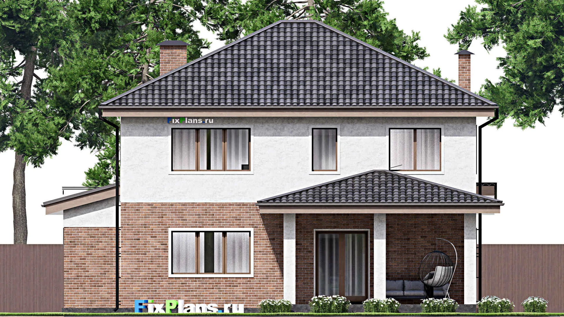 F-13013 - Планы двухэтажного дома 12 на 21, площадью 260 м² с террасой, гаражом на 2 машины и 5 спальнями