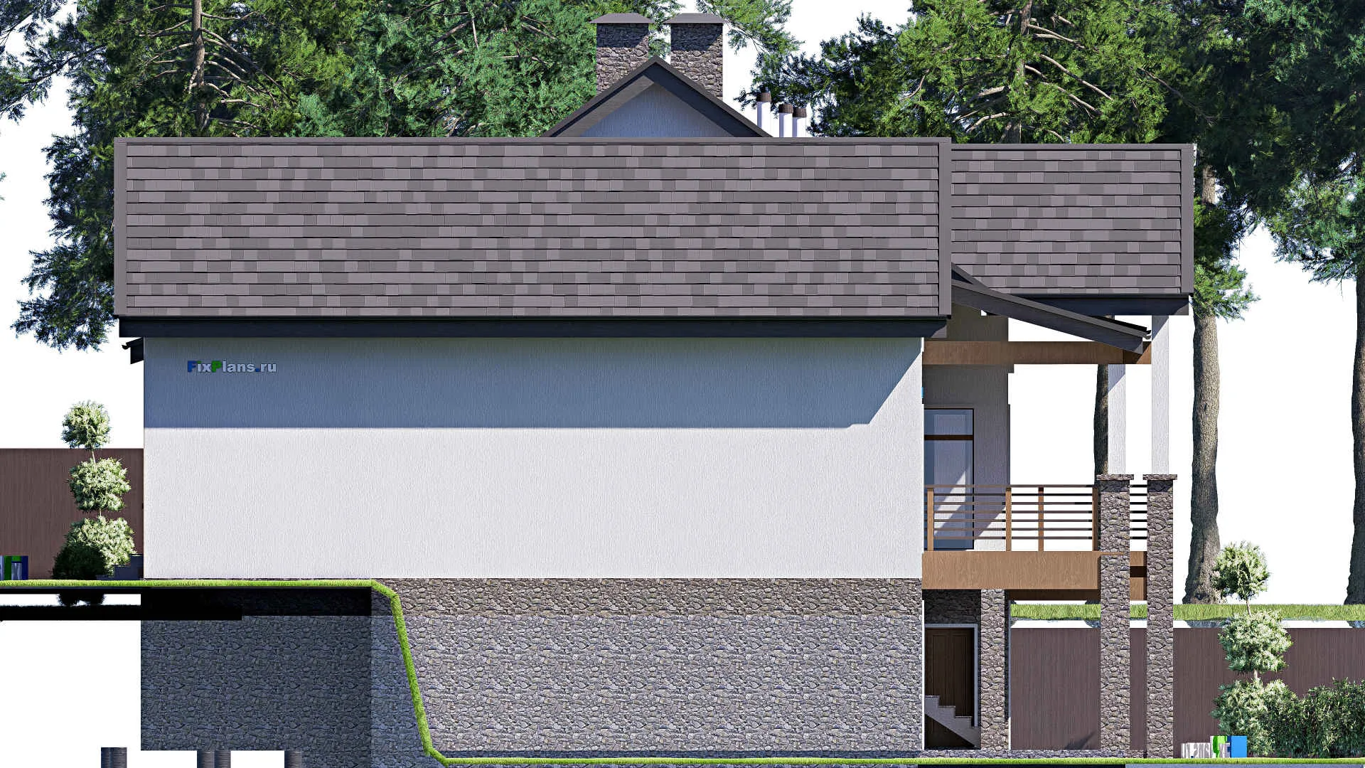 F-20618 - Проект двухэтажного дома 18 на 32, площадью 710 м² с террасой, цокольным этажом, гаражом на 2 машины и 5 спальнями