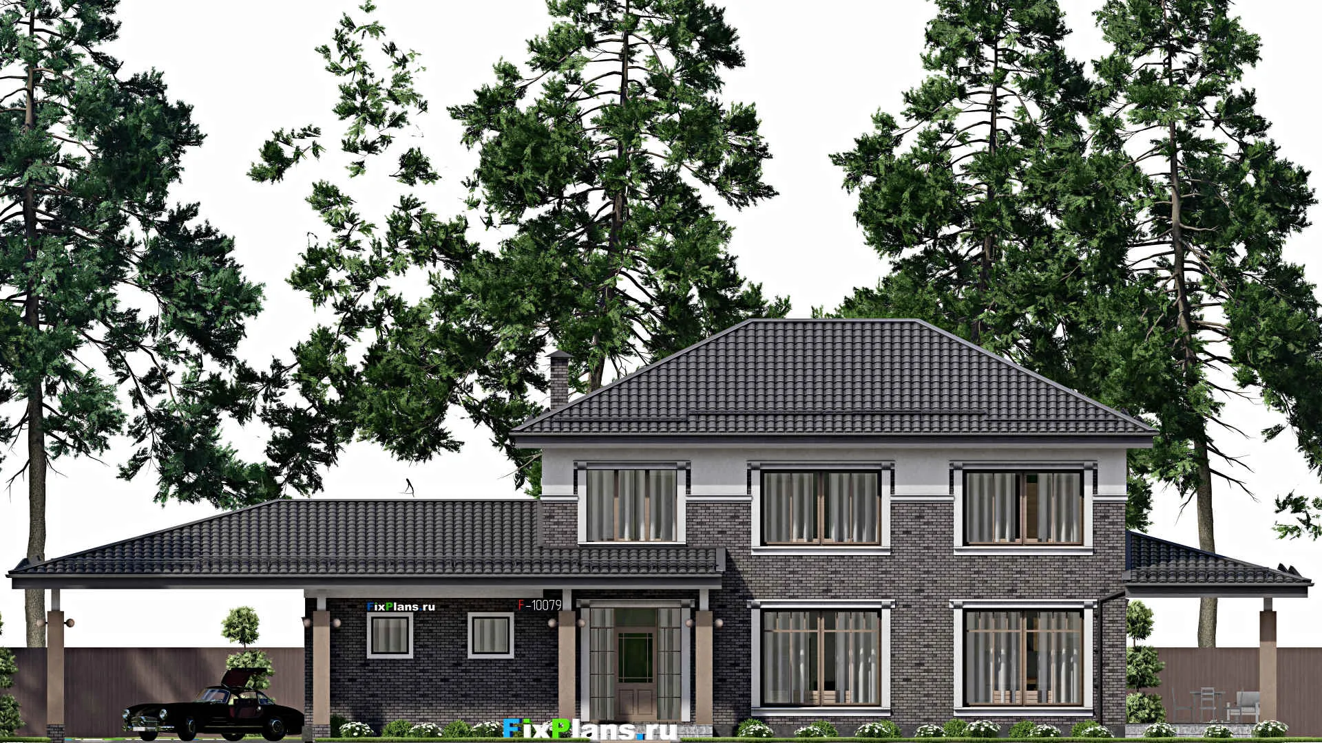 F-10079 - Проект двухэтажного дома 12 на 28, площадью 270 м² с террасой, баней, гаражом на 1 машину и 5 спальнями