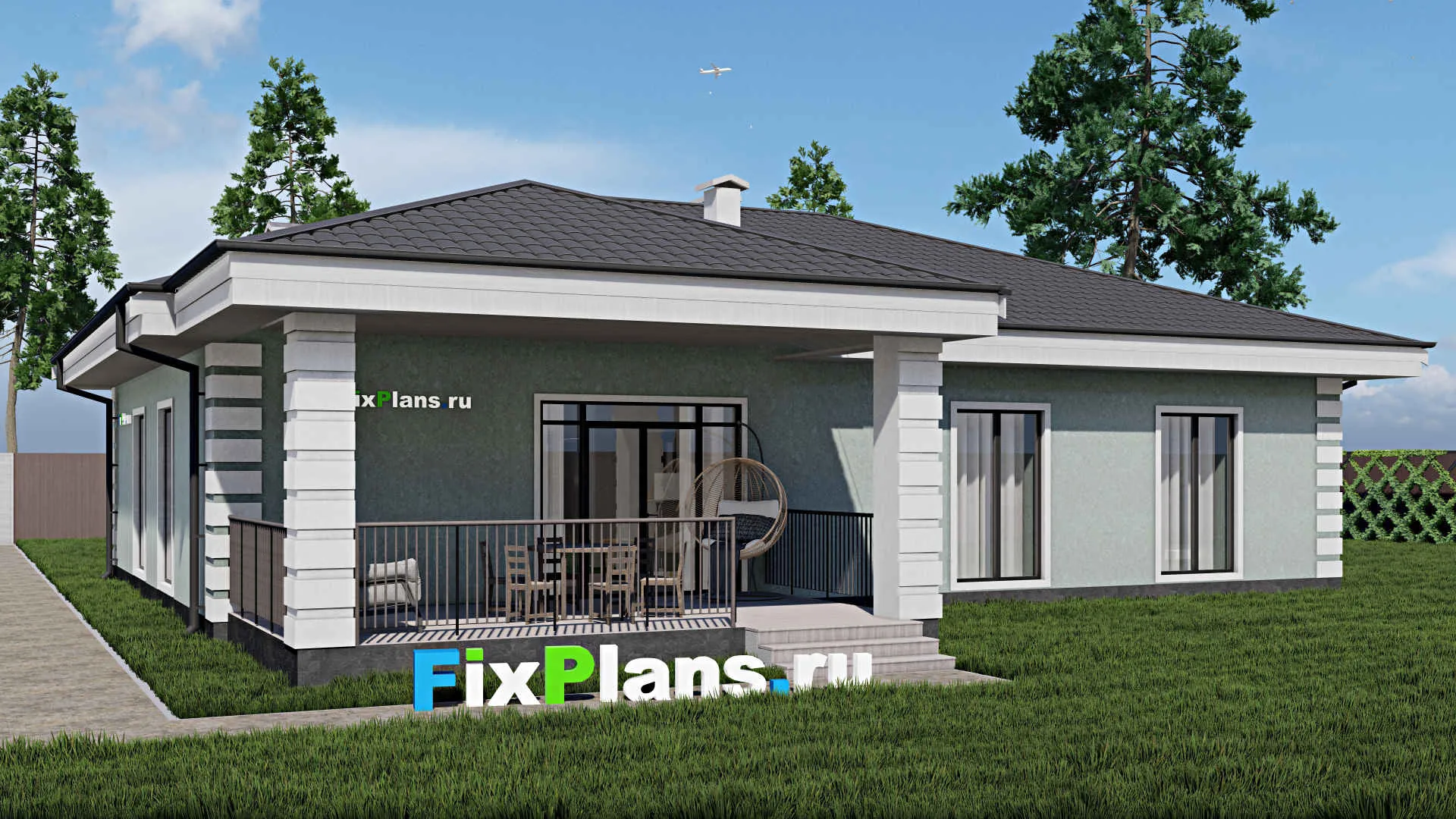 F-0935 - Проект одноэтажного дома 12 на 17, площадью 190 м² с террасой и 3 спальнями