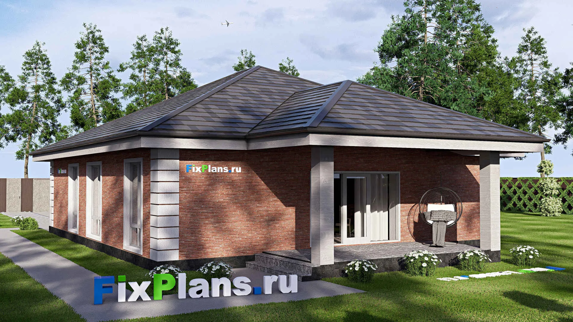 F-18728 - План одноэтажного дома 14 на 24, площадью 200 м² с террасой, гаражом на 2 машины и 3 спальнями