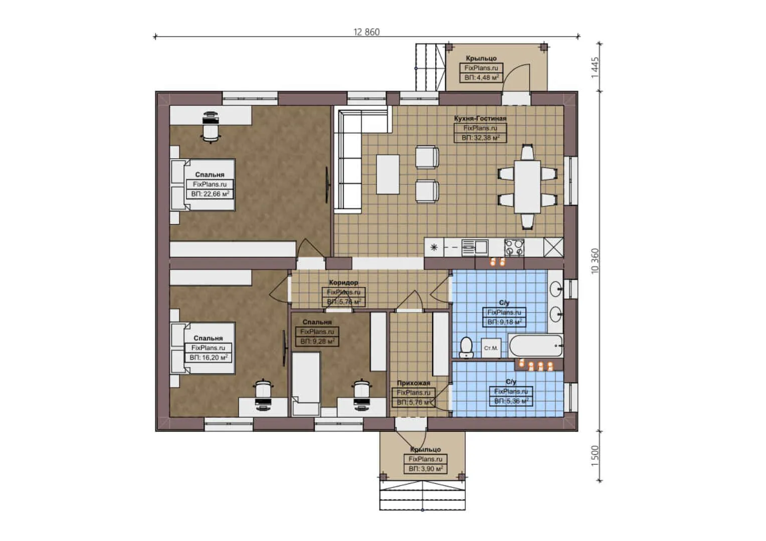 F-0710 - План одноэтажного дома 11 на 13, площадью 120 м² с 3 спальнями