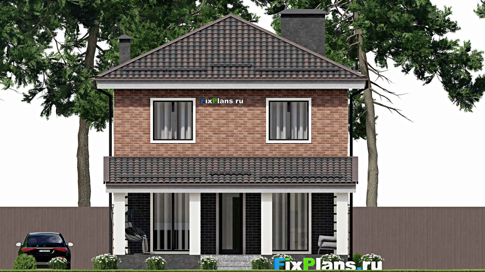 F-6191 - Проект двухэтажного дома 9 на 10, площадью 210 м² с террасой, цокольным этажом и 3 спальнями