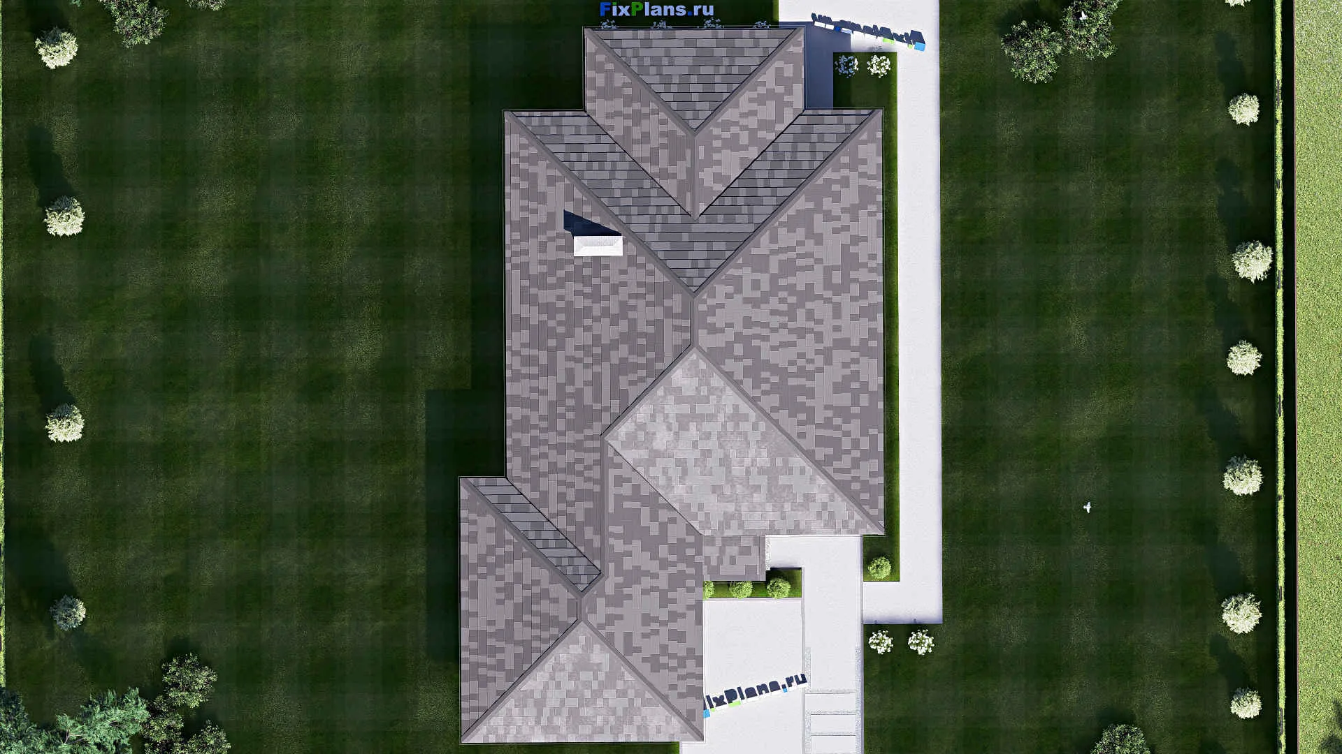 F-18728 - План одноэтажного дома 14 на 24, площадью 200 м² с террасой, гаражом на 2 машины и 3 спальнями