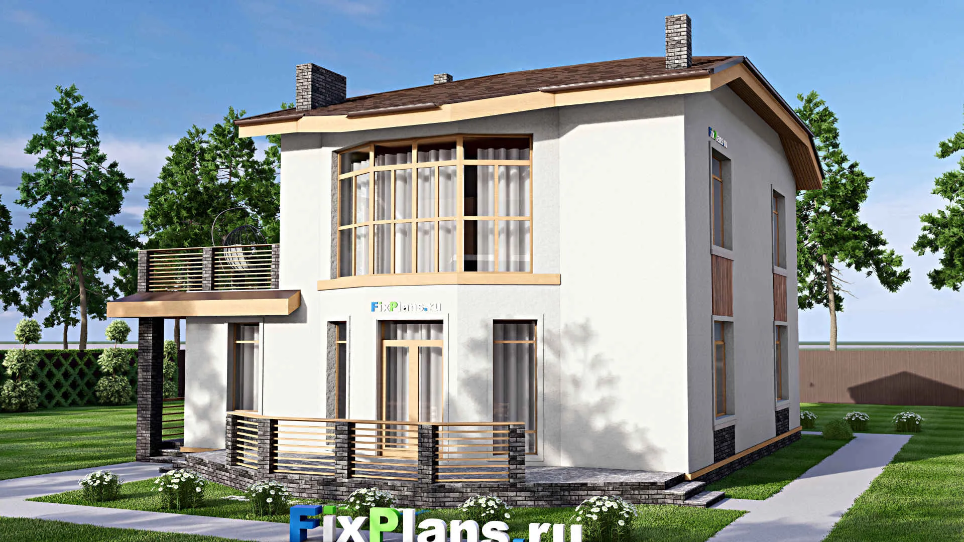 F-15911 - Планы двухэтажного дома 13 на 17, площадью 300 м² с террасой, балконом, гаражом на 1 машину и 4 спальнями