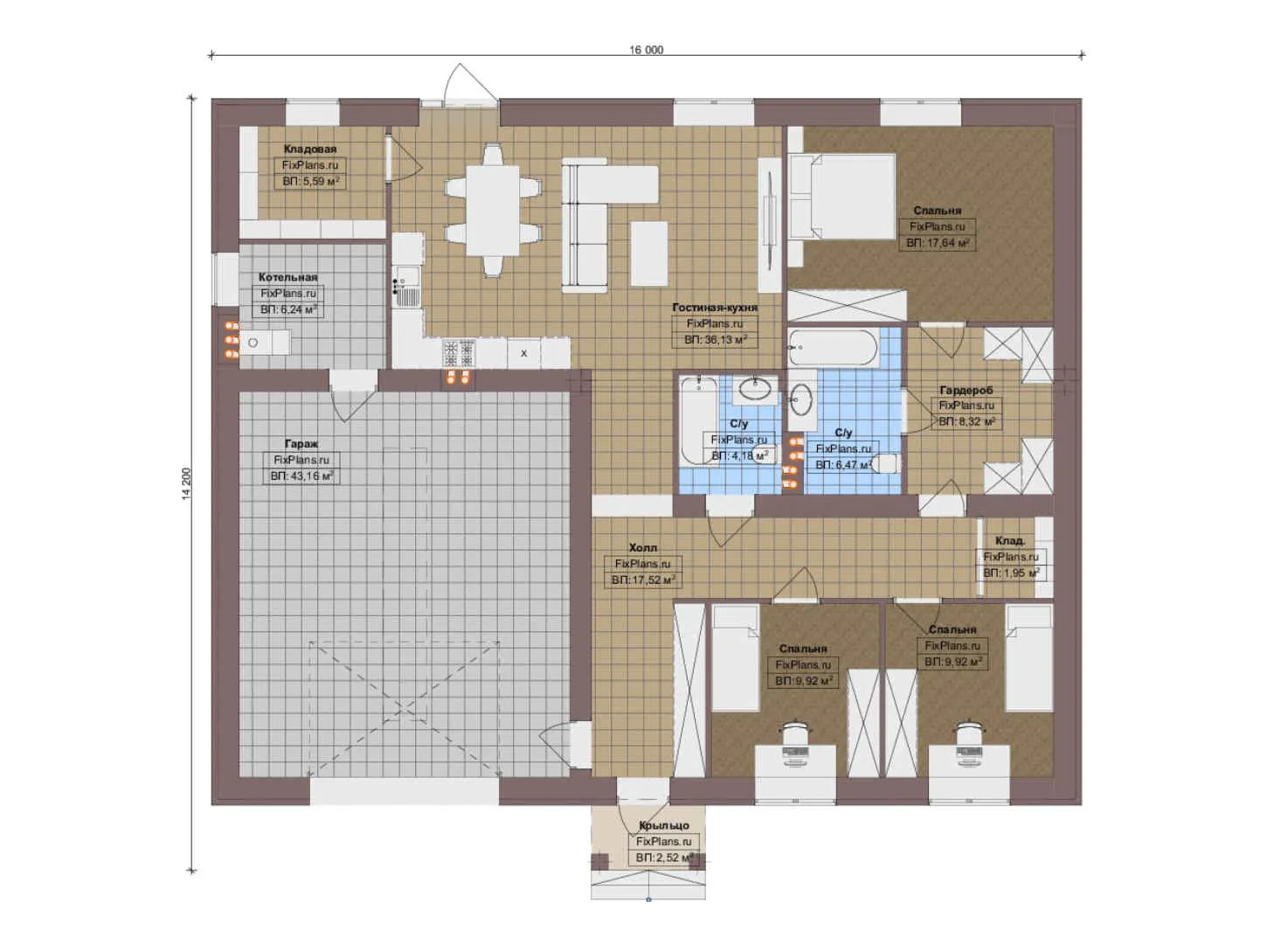 F-12212 - План одноэтажного дома 15 на 16, площадью 170 м² с гаражом на 2 машины и 3 спальнями
