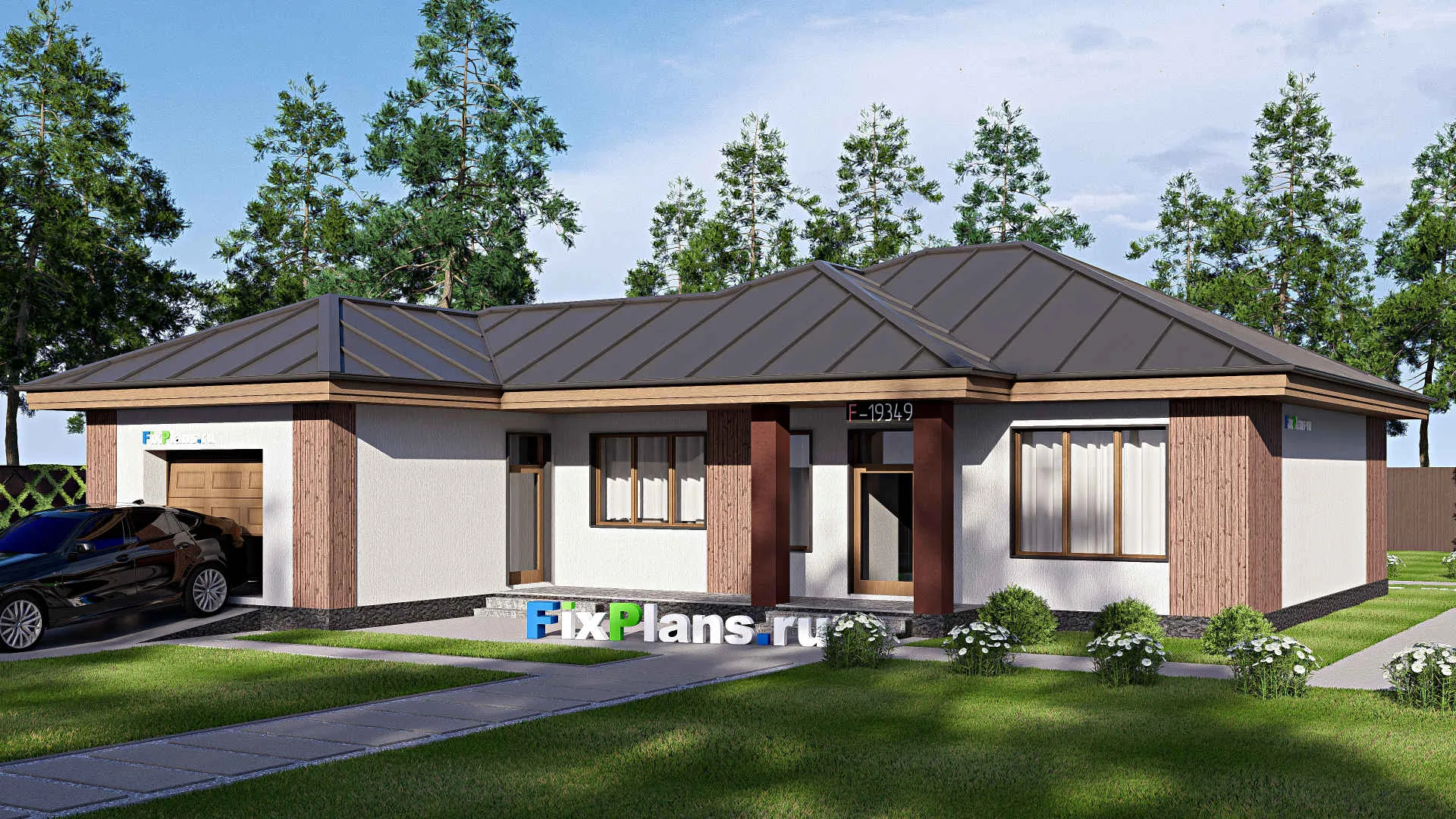 F-19349 - Проект одноэтажного дома 17 на 18, площадью 150 м² с террасой, гаражом на 1 машину и 2 спальнями