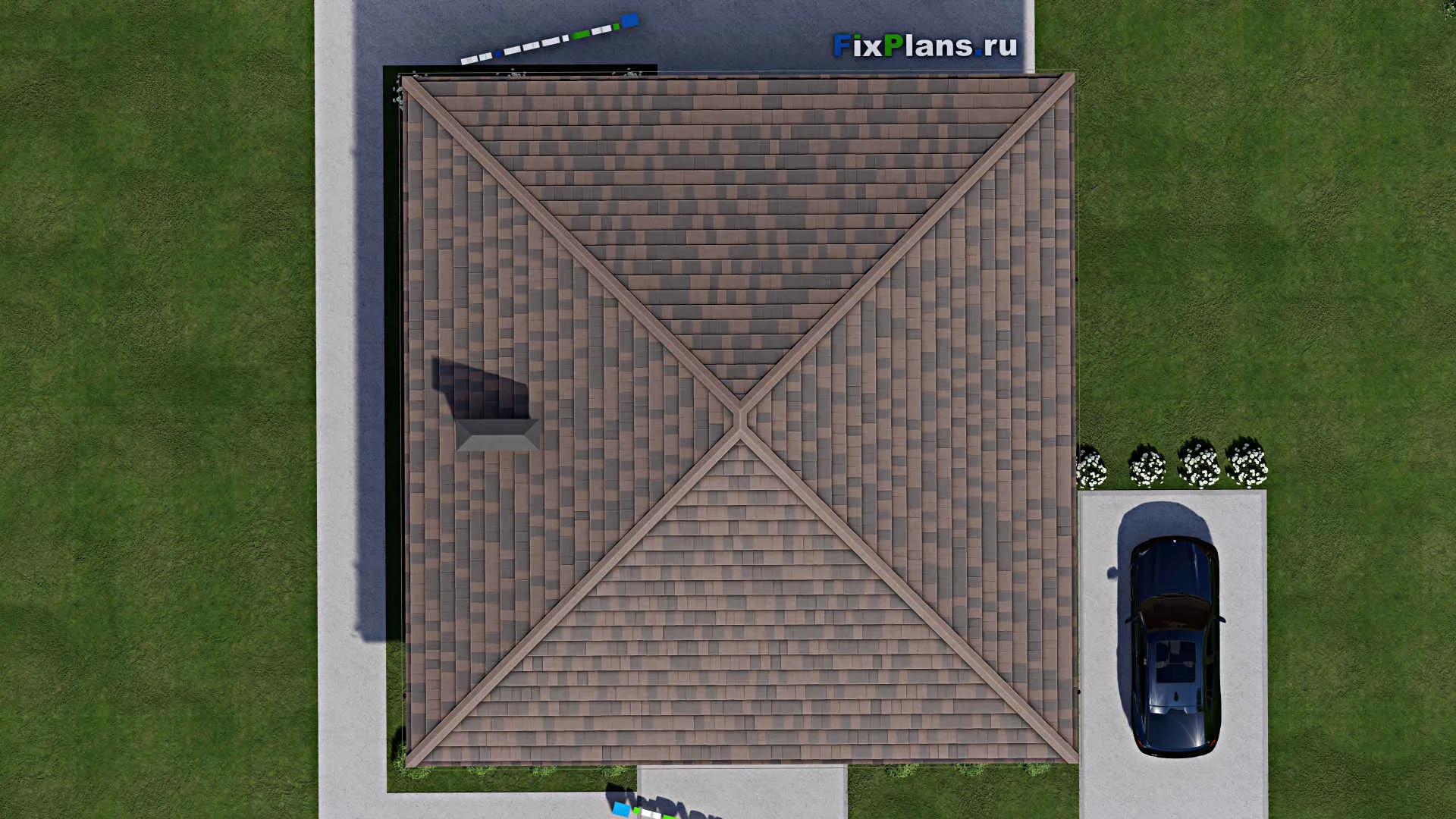 F-12140 - План одноэтажного дома 14 на 14, площадью 150 м² с террасой и 3 спальнями