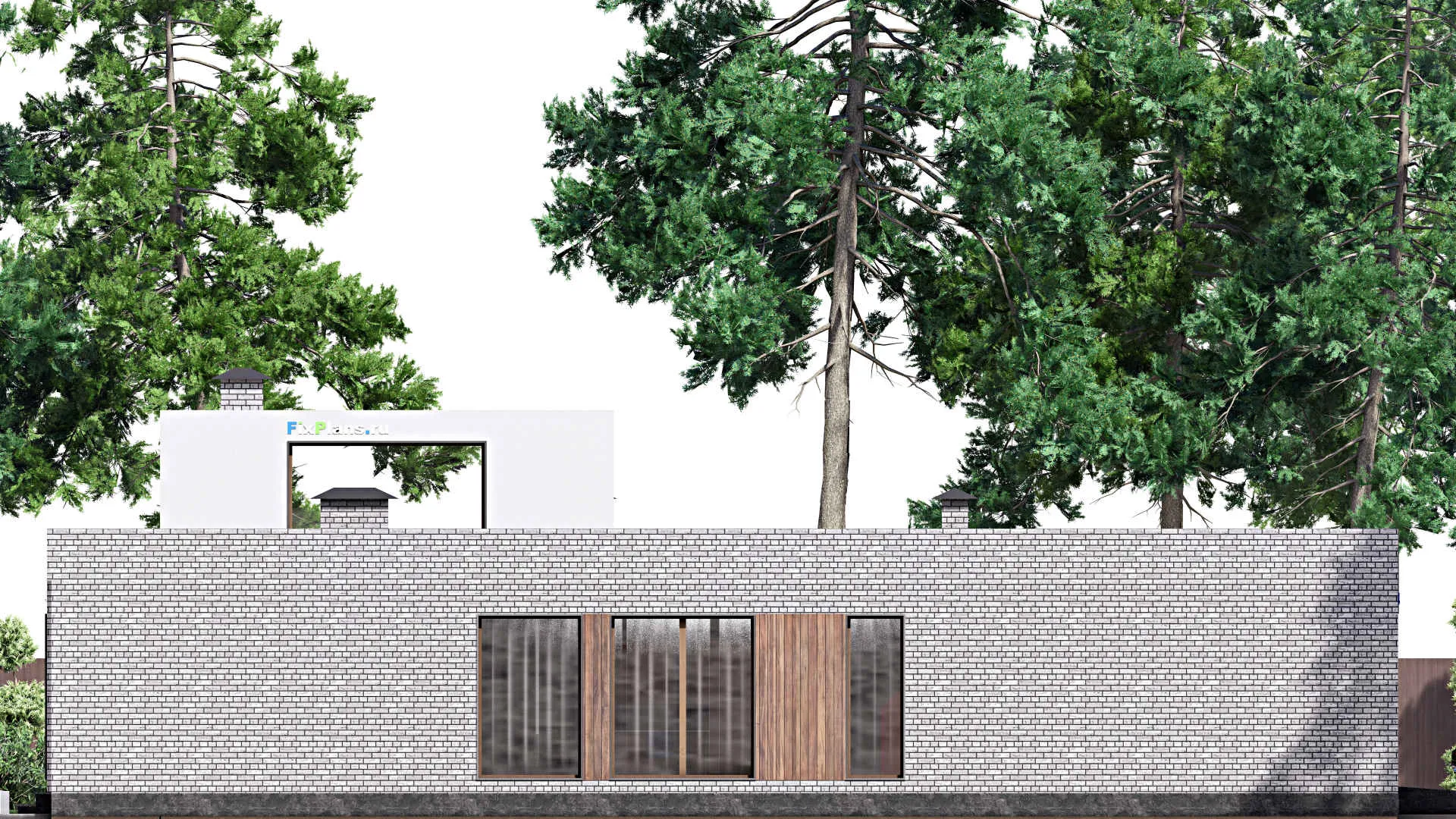 F-15749 - План одноэтажного дома 21 на 21, площадью 300 м² с террасой, гаражом на 2 машины и 3 спальнями