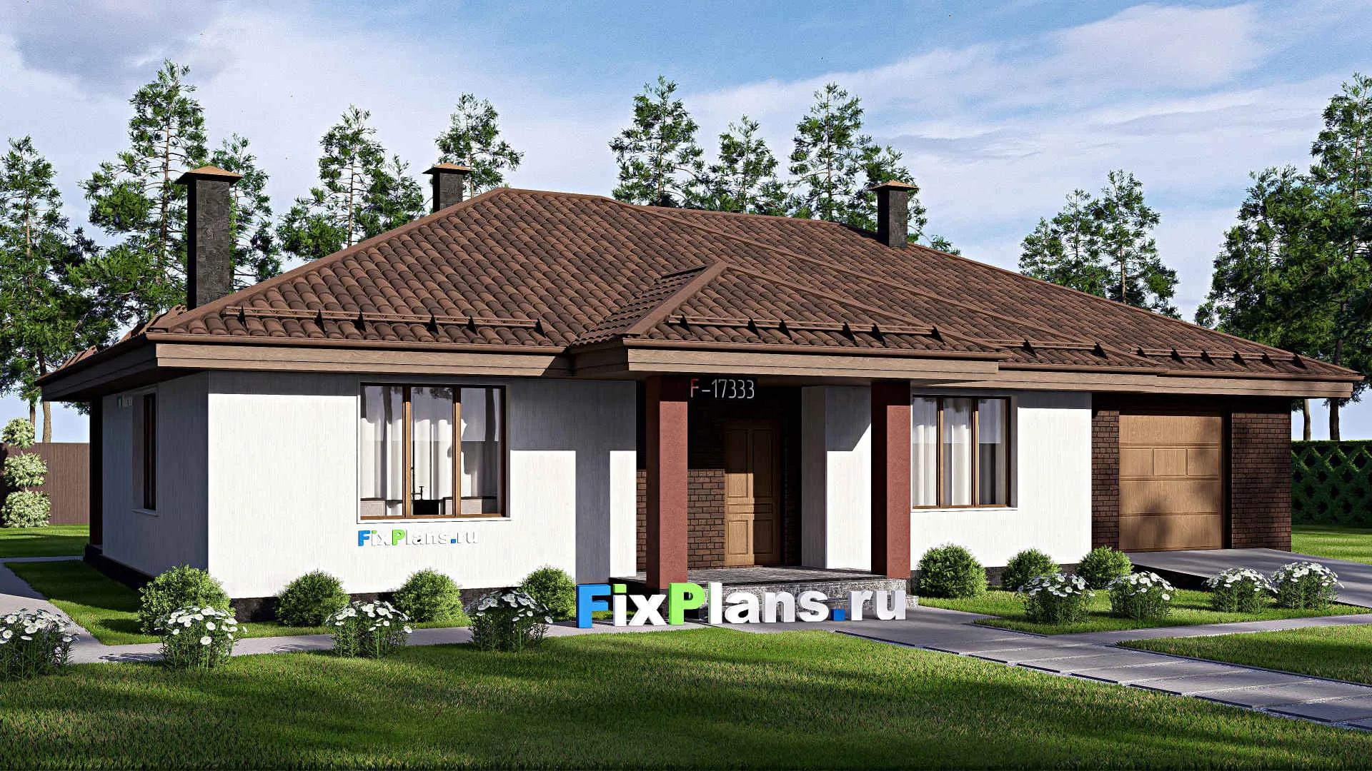 F-17333 - Проект одноэтажного дома 14 на 19, площадью 180 м² с террасой, гаражом на 2 машины и 3 спальнями