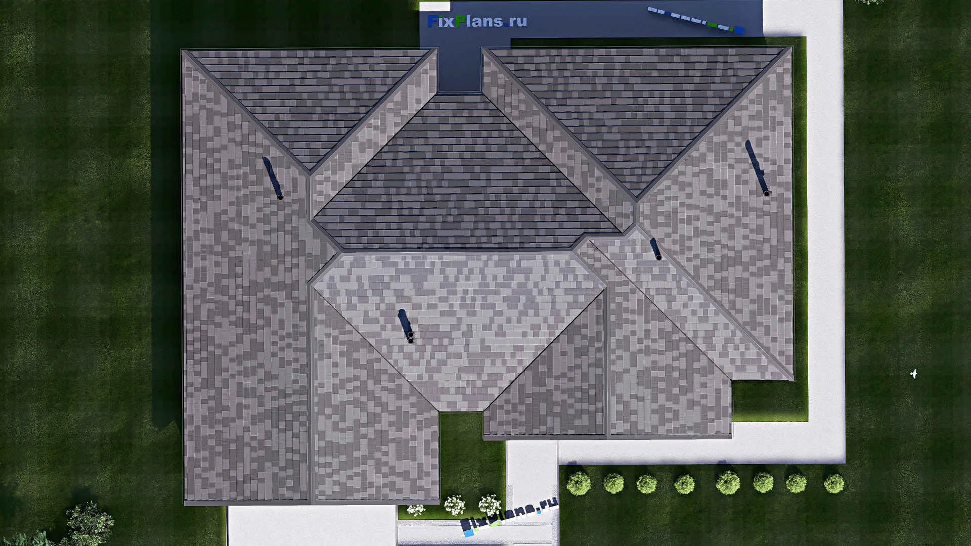 F-19880 - План одноэтажного дома 18 на 24, площадью 280 м² с террасой, гаражом на 2 машины и 3 спальнями