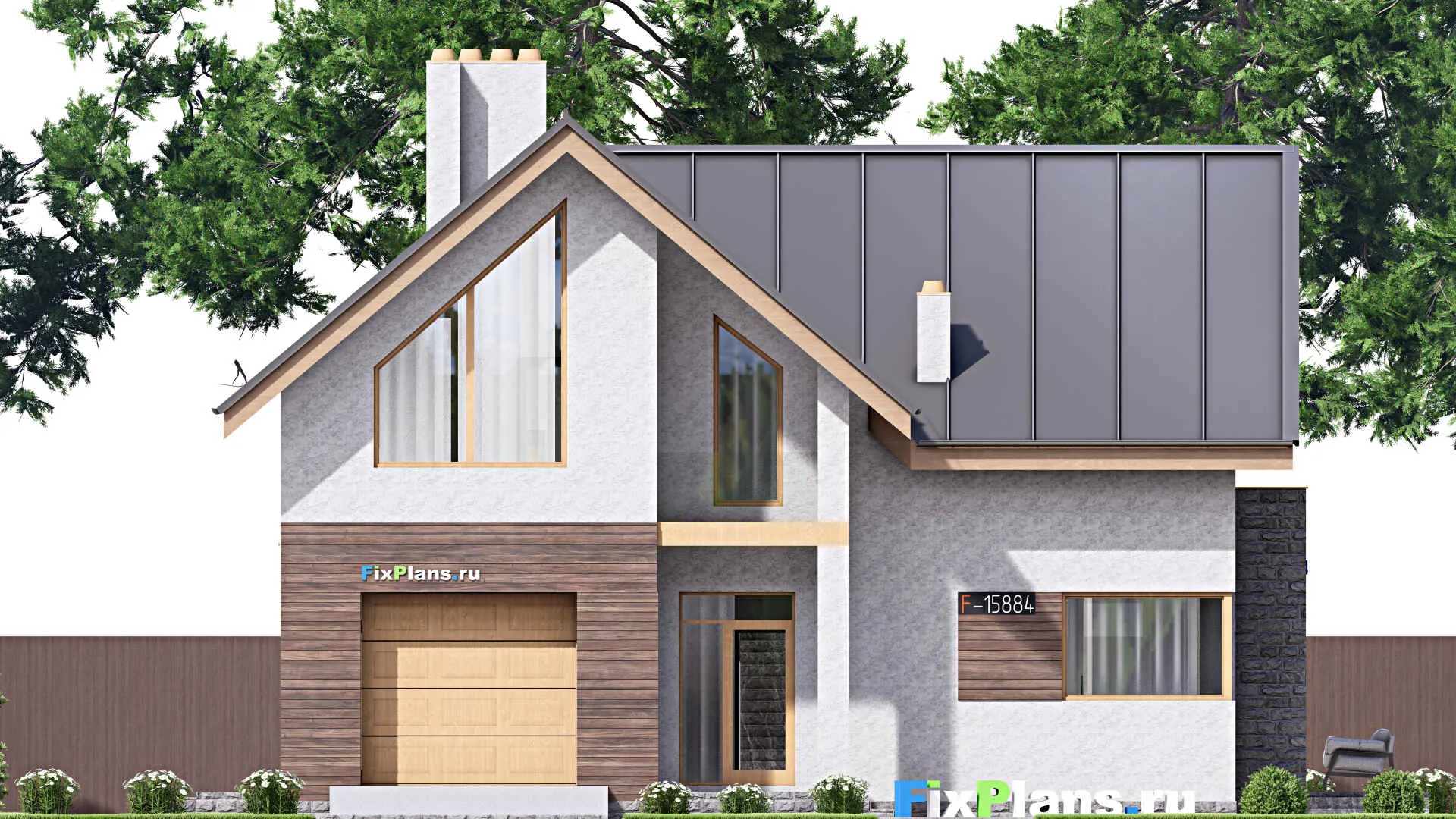 F-15884 - Проект дома с мансардой 16 на 17, площадью 300 м² с террасой, балконом, гаражом на 1 машину и 4 спальнями